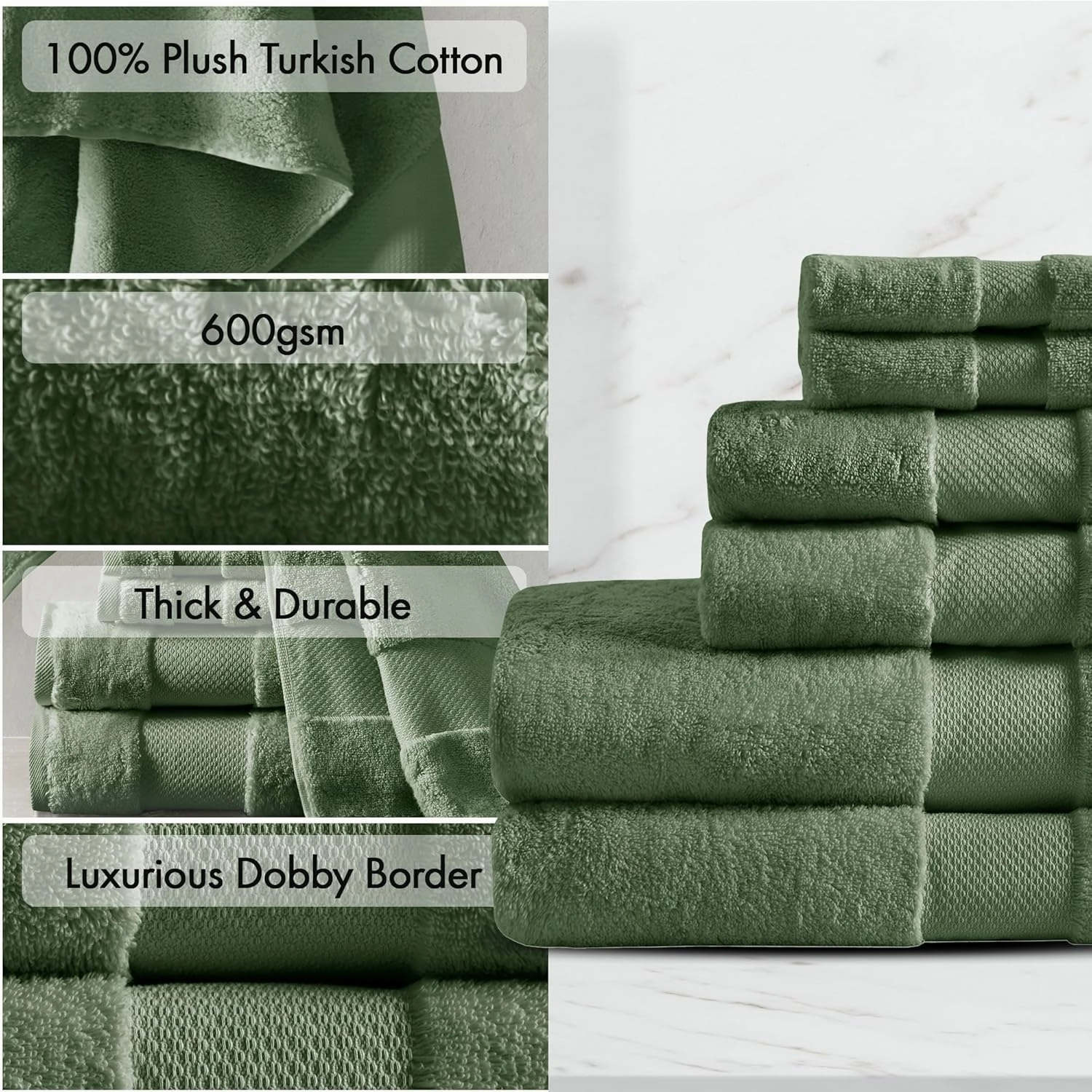 Madison Park Turkish Bath Towels 6pc, 2 Hand Towel for Bathroom, 2 Wash Towel, 2 Turkish Bath Towel Set, Luxury, 100% Cotton, Highly Absorbent & Quick Dry, Green