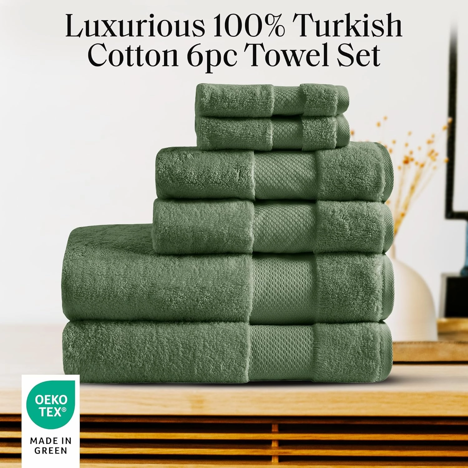 Madison Park Turkish Bath Towels 6pc, 2 Hand Towel for Bathroom, 2 Wash Towel, 2 Turkish Bath Towel Set, Luxury, 100% Cotton, Highly Absorbent & Quick Dry, Green