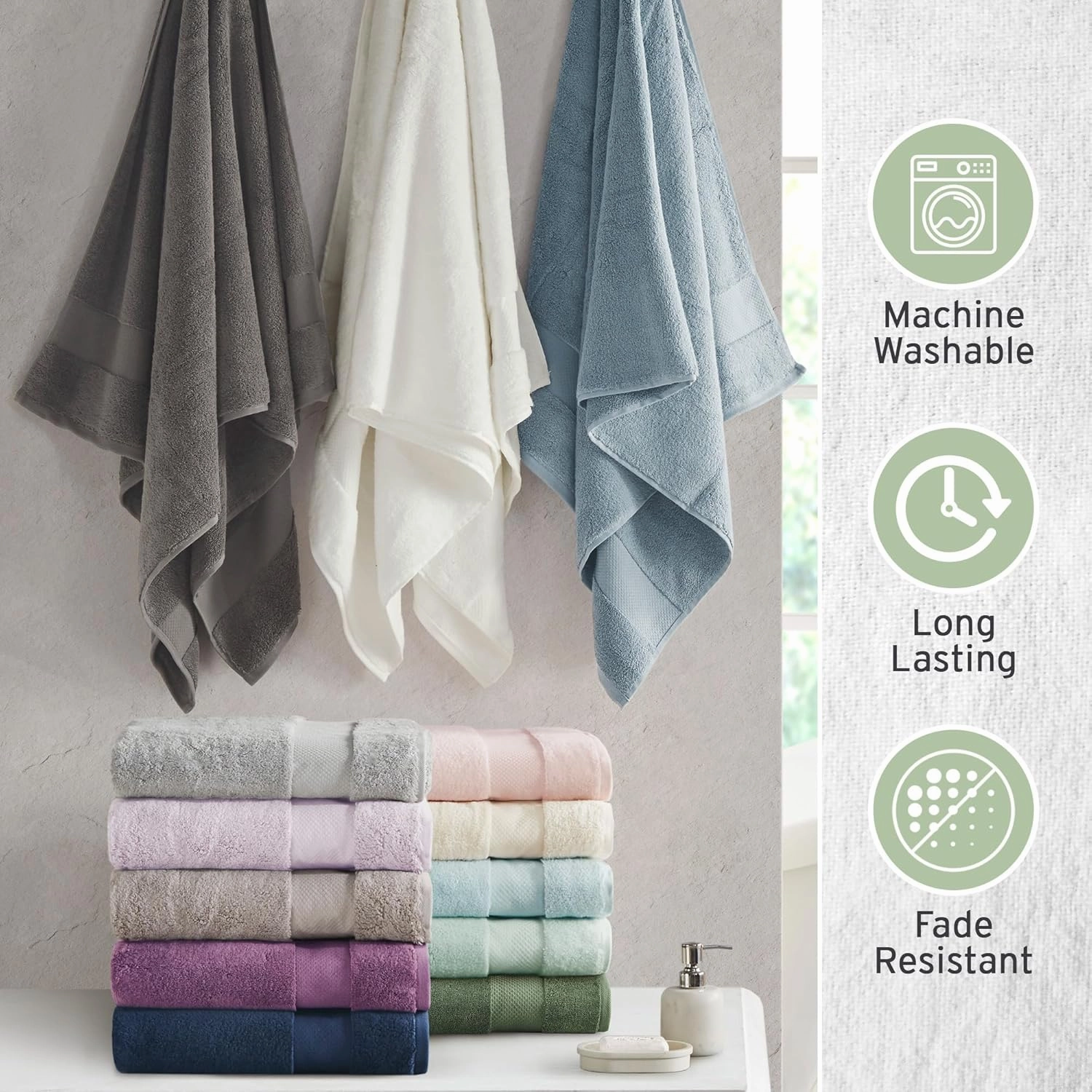 Madison Park Turkish Bath Towels 6pc, 2 Hand Towel for Bathroom, 2 Wash Towel, 2 Turkish Bath Towel Set, Luxury, 100% Cotton, Highly Absorbent & Quick Dry, Green