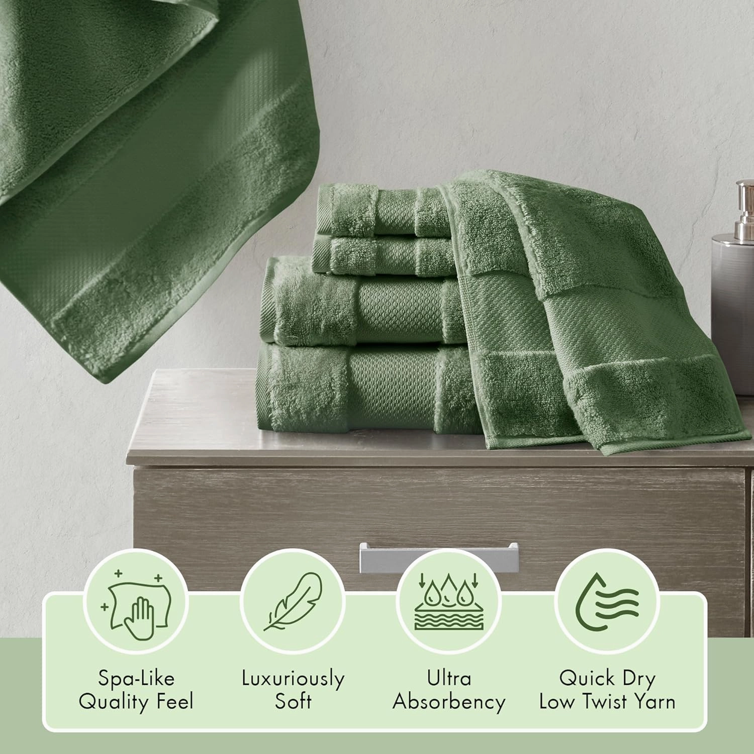 Madison Park Turkish Bath Towels 6pc, 2 Hand Towel for Bathroom, 2 Wash Towel, 2 Turkish Bath Towel Set, Luxury, 100% Cotton, Highly Absorbent & Quick Dry, Green