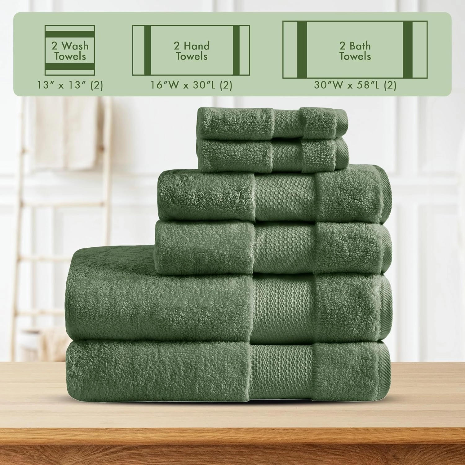 Madison Park Turkish Bath Towels 6pc, 2 Hand Towel for Bathroom, 2 Wash Towel, 2 Turkish Bath Towel Set, Luxury, 100% Cotton, Highly Absorbent & Quick Dry, Green