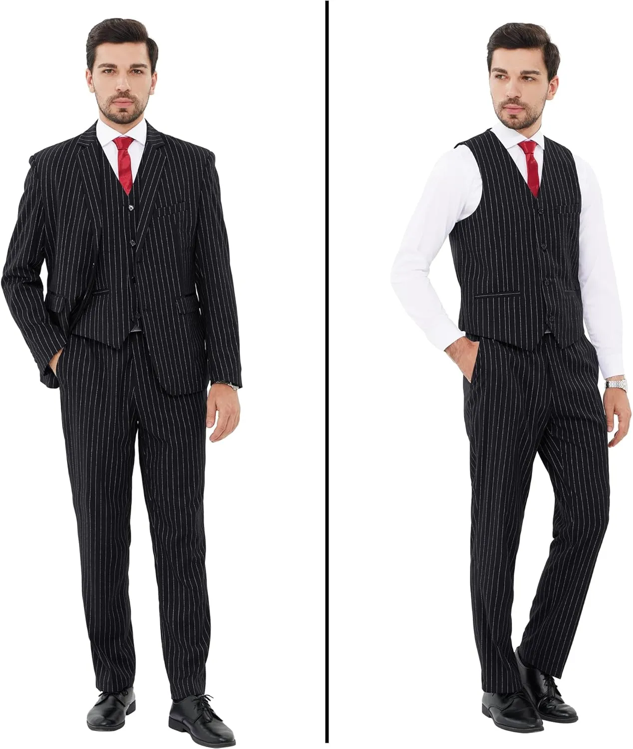 MAGE MALE Men’s Pinstripe 3 Piece Suit Slim Fit Elegant Single Breasted Business Wedding Party Blazer Vest& Pants Set