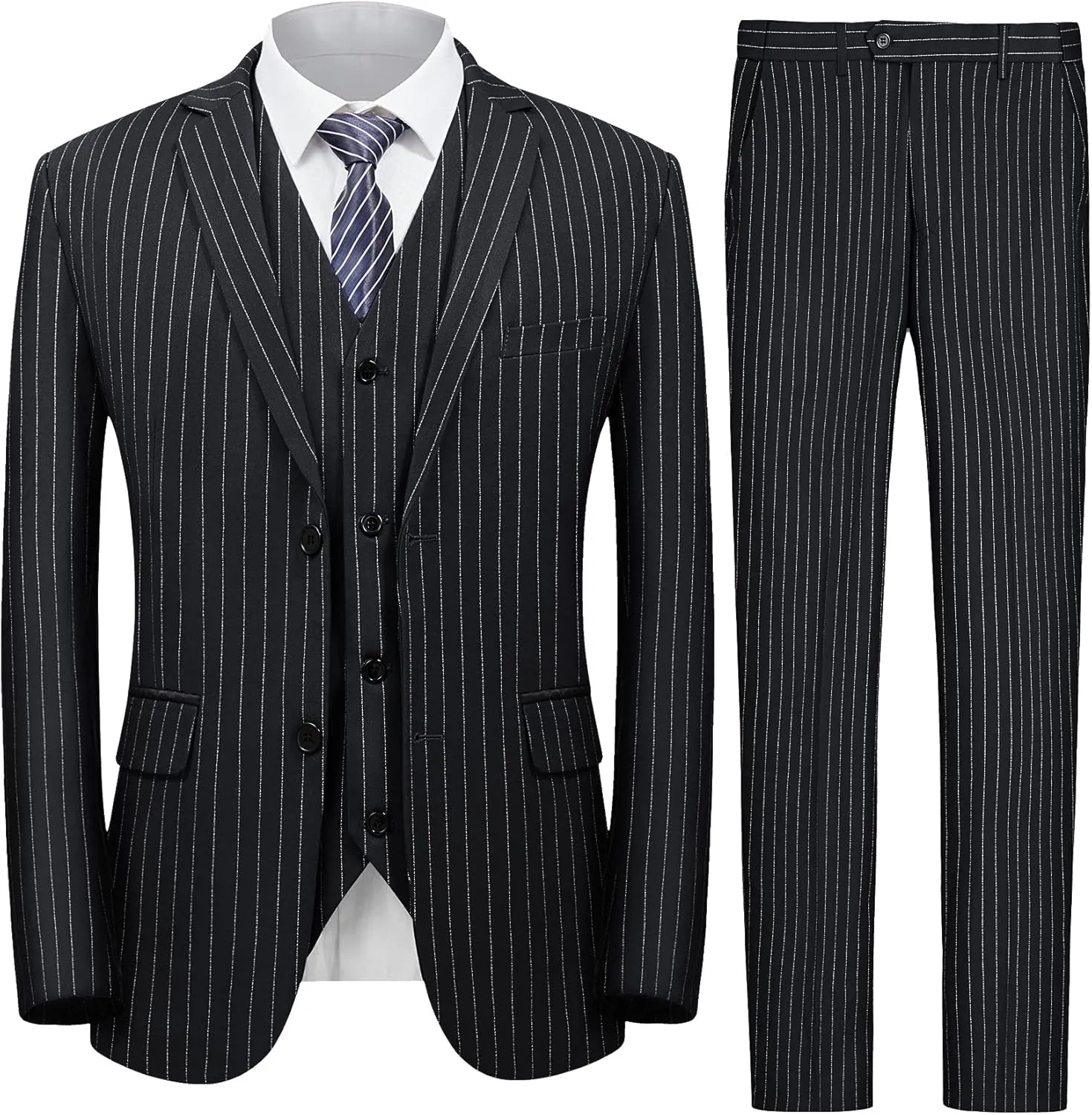 MAGE MALE Men’s Pinstripe 3 Piece Suit Slim Fit Elegant Single Breasted Business Wedding Party Blazer Vest& Pants Set