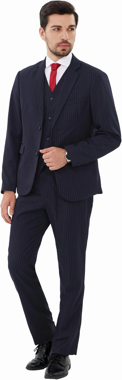 MAGE MALE Men’s Pinstripe 3 Piece Suit Slim Fit Elegant Single Breasted Business Wedding Party Blazer Vest& Pants Set