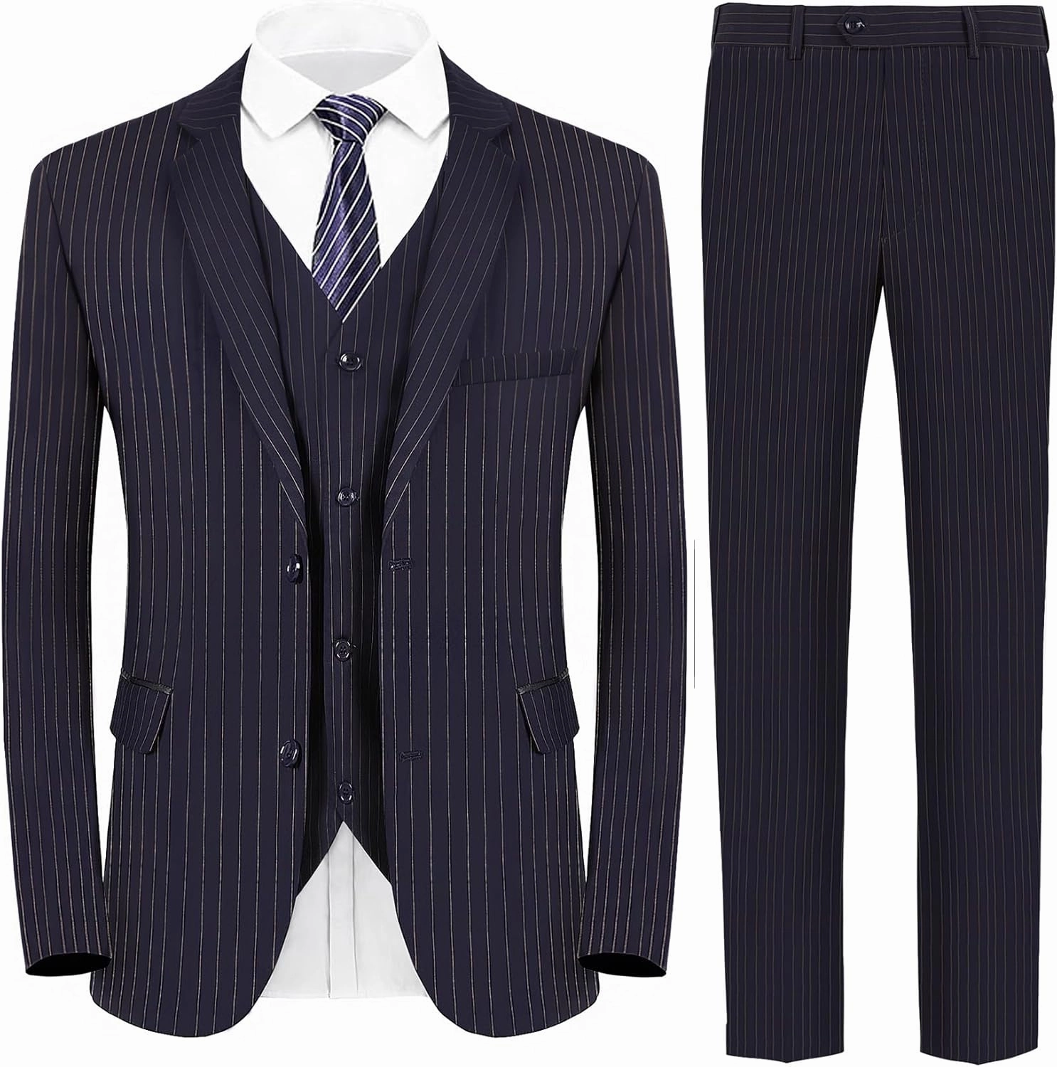 MAGE MALE Men’s Pinstripe 3 Piece Suit Slim Fit Elegant Single Breasted Business Wedding Party Blazer Vest& Pants Set