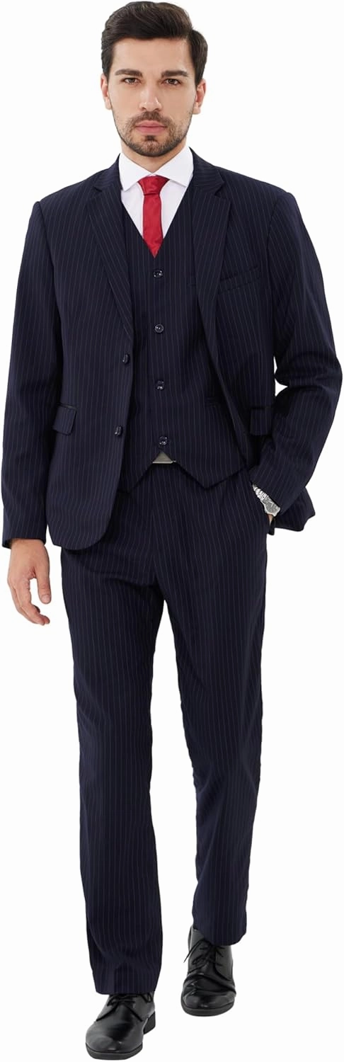 MAGE MALE Men’s Pinstripe 3 Piece Suit Slim Fit Elegant Single Breasted Business Wedding Party Blazer Vest& Pants Set