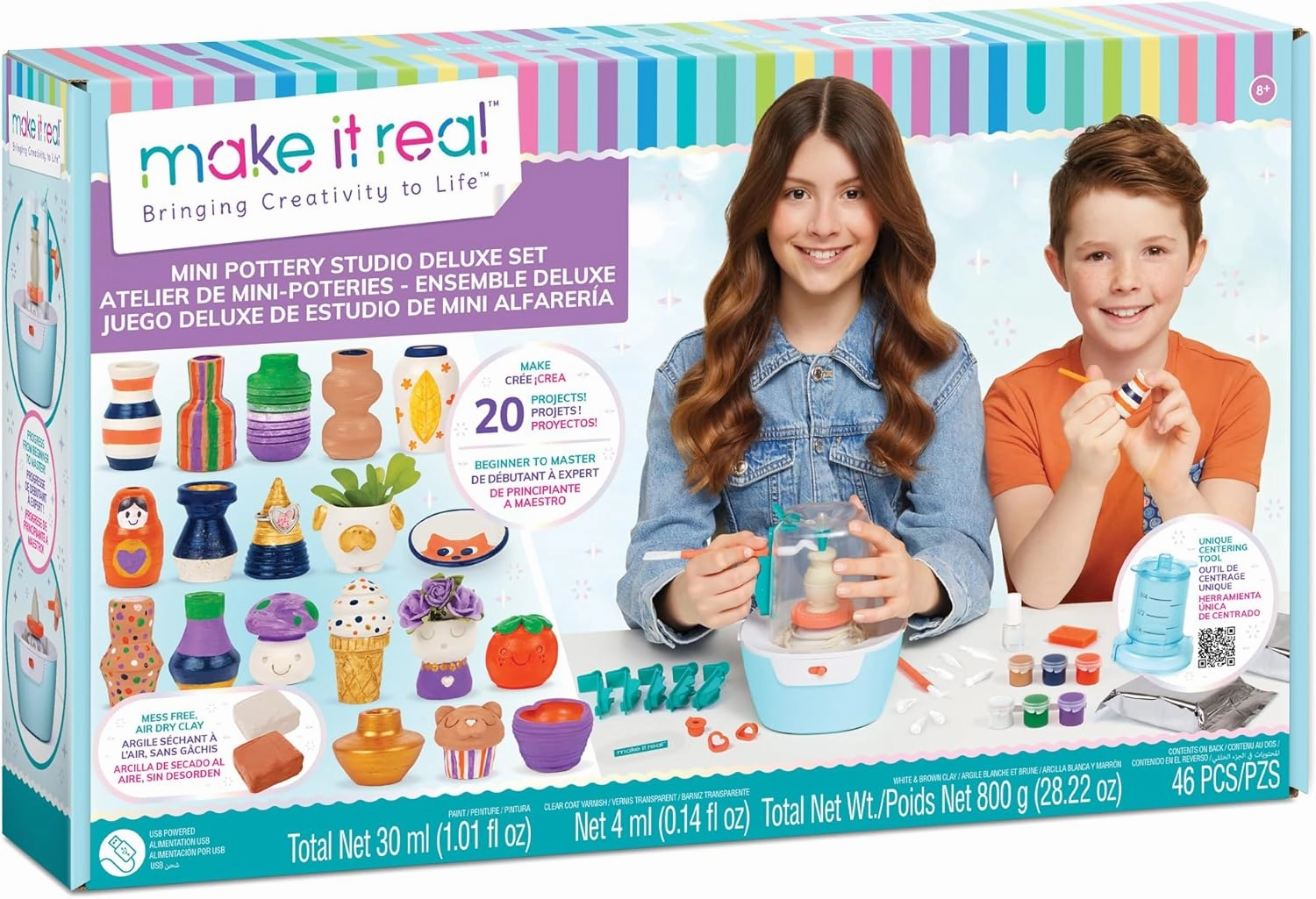 Make It Real: Mini Pottery Studio Deluxe Set - DIY All-in-1 Sculpting Craft Kit, All Skill Levels, Miniature Clay Projects, Kids Girls & Tweens Age 8 