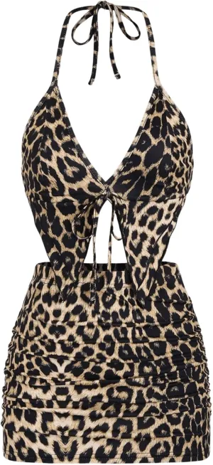 MakeMeChic Women's Y2K Skirt Set Leopard Print Tie Back Halter Crop Top and Ruched Mini Skirt Outfits Set