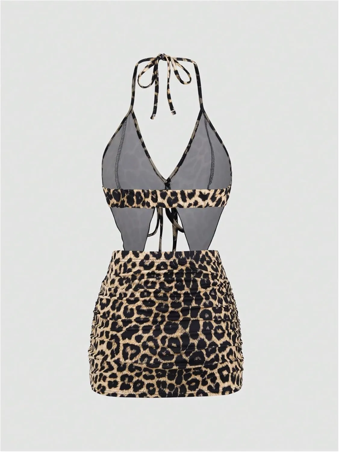 MakeMeChic Women's Y2K Skirt Set Leopard Print Tie Back Halter Crop Top and Ruched Mini Skirt Outfits Set