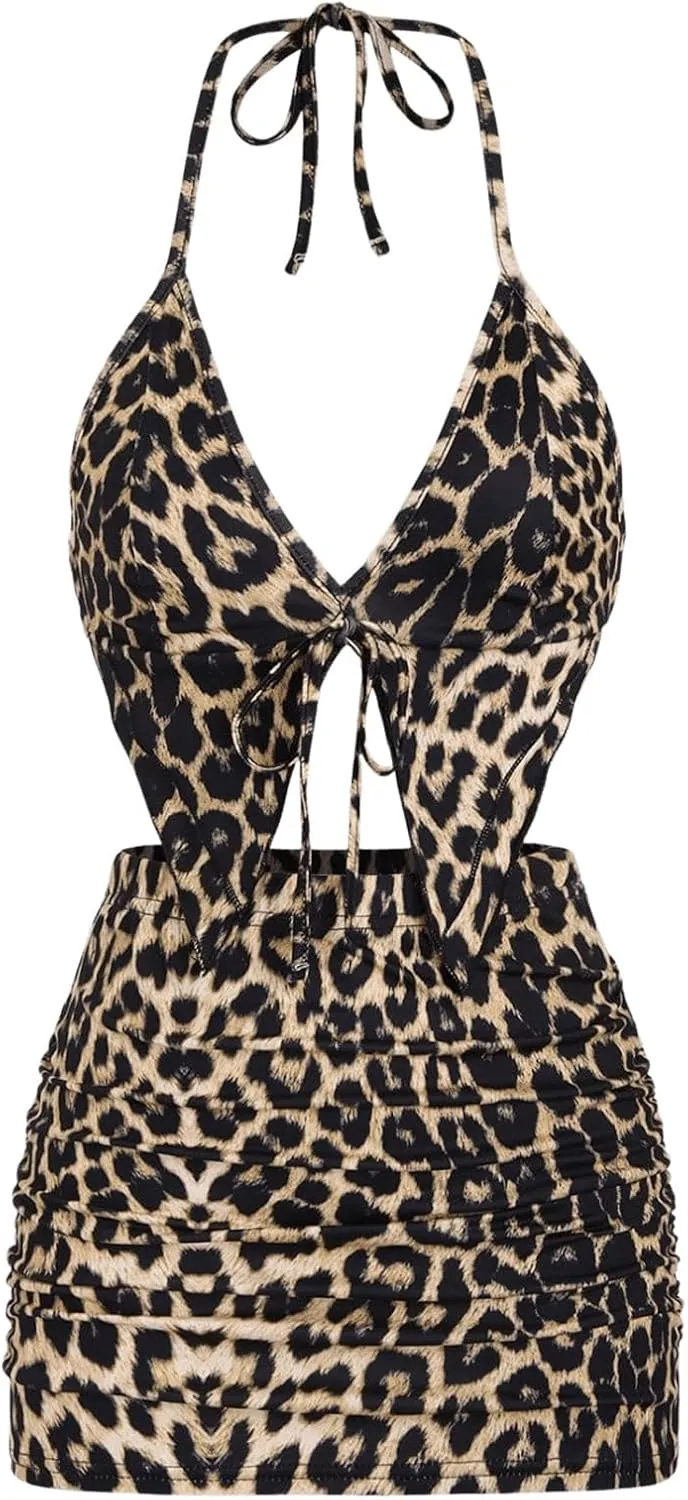 MakeMeChic Women's Y2K Skirt Set Leopard Print Tie Back Halter Crop Top and Ruched Mini Skirt Outfits Set