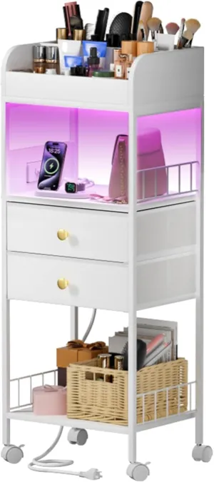 Makeup Organizer with LED Light & Charging Station Skincare Makeup Cart with Drawers, Vanity Organizer Cosmetics Display Cases Holder for Skin Care Nail Polish Perfume Makeup Brush,white