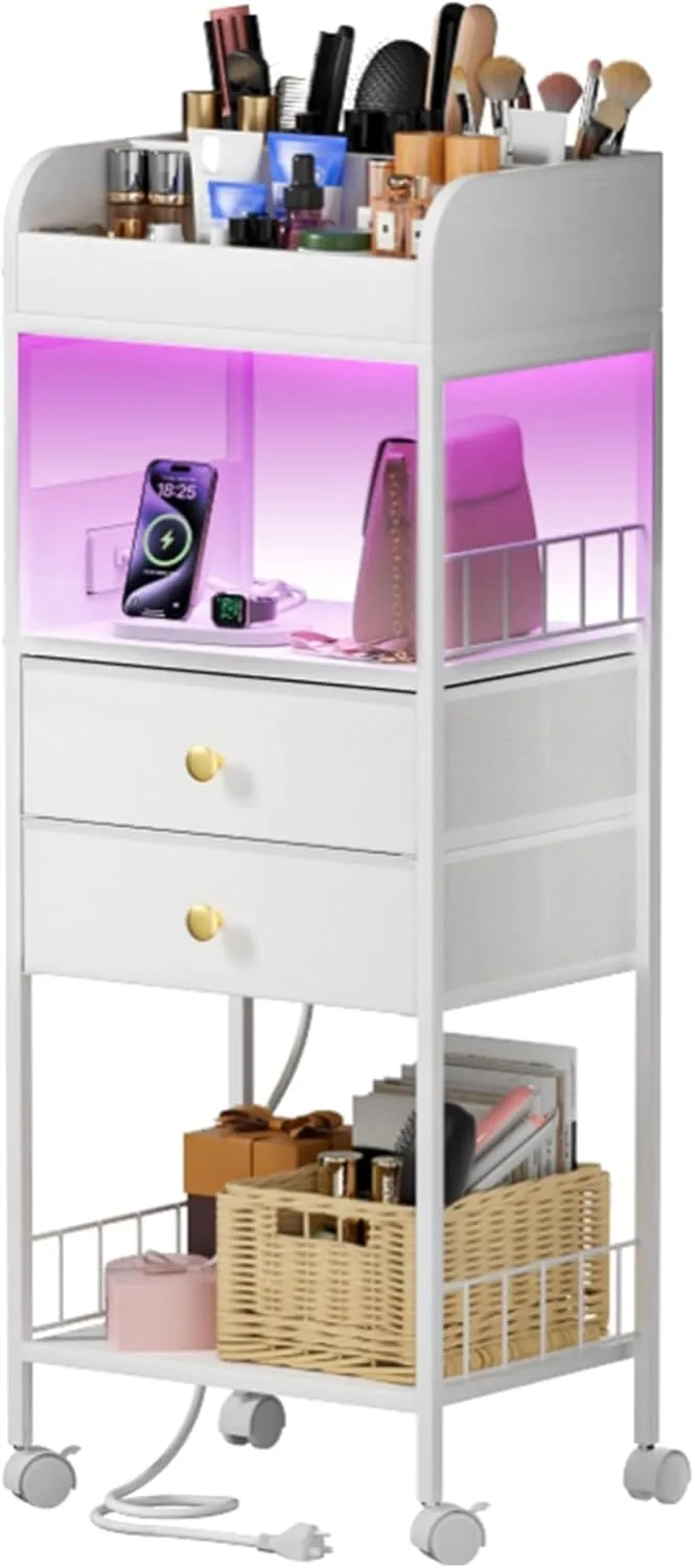 Makeup Organizer with LED Light & Charging Station Skincare Makeup Cart with Drawers, Vanity Organizer Cosmetics Display Cases Holder for Skin Care Nail Polish Perfume Makeup Brush,white