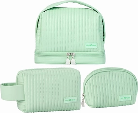 Makeup Bag Set of 3, Toiletry Bag for Women, Small Makeup Bag for Purse, Cute Quilted Cosmetic Bag for Travel, Gift for Women, Light Green