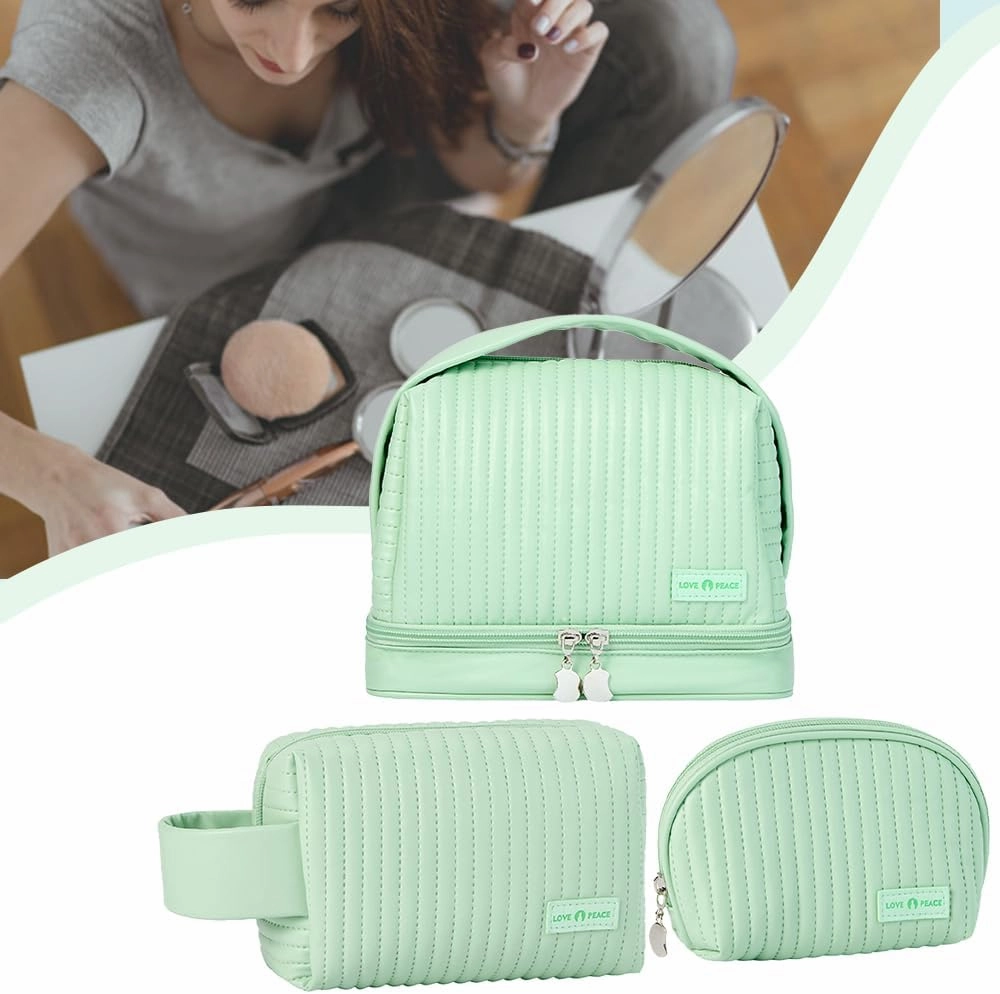 Makeup Bag Set of 3, Toiletry Bag for Women, Small Makeup Bag for Purse, Cute Quilted Cosmetic Bag for Travel, Gift for Women, Light Green