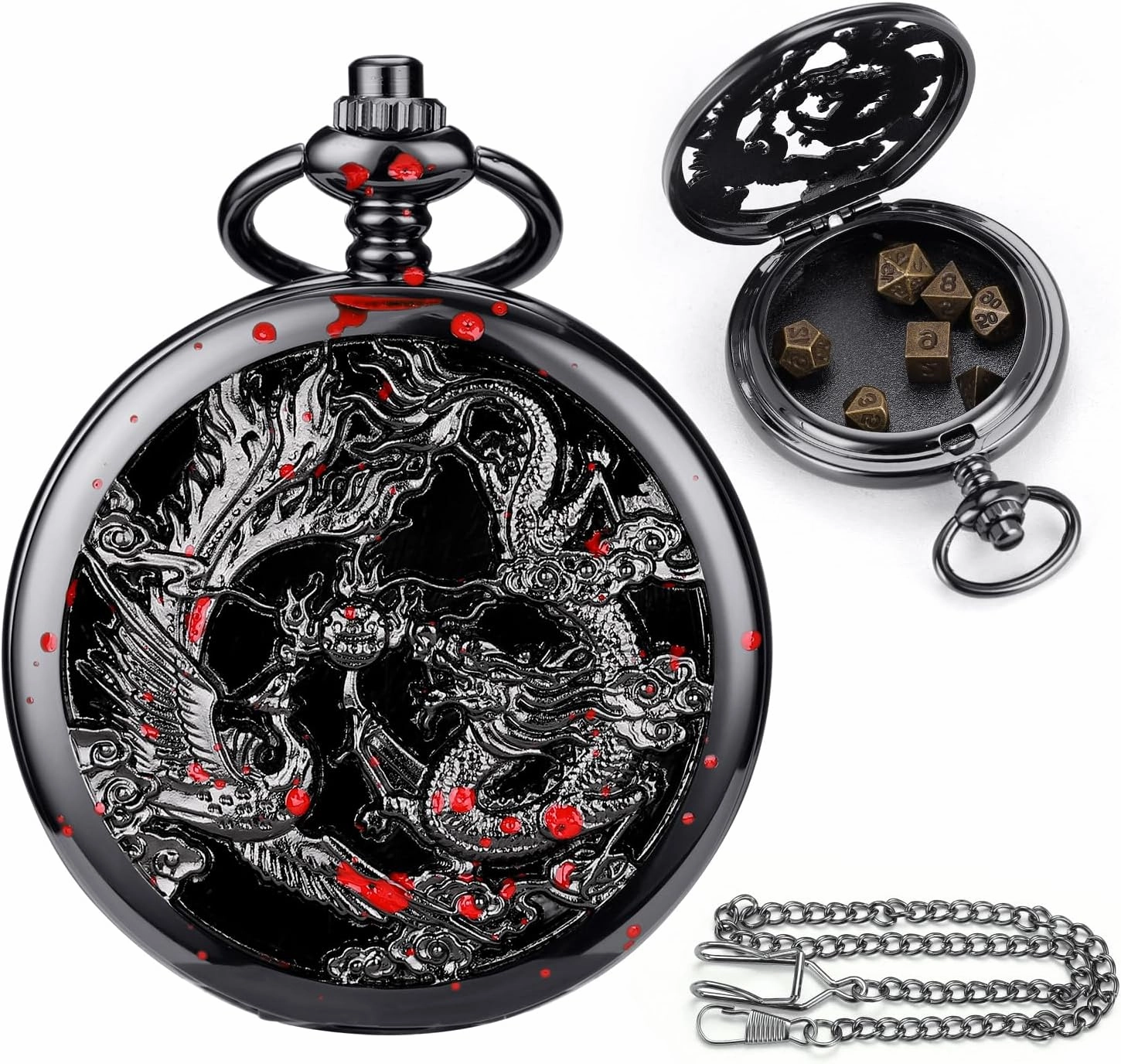 ManChDa Mini D&D Dice Set DND Pocket Watch Shell Case 7PCS Micro Polyhedral Dice Set Metal Dice Dungeons and Dragons Gift Accessories