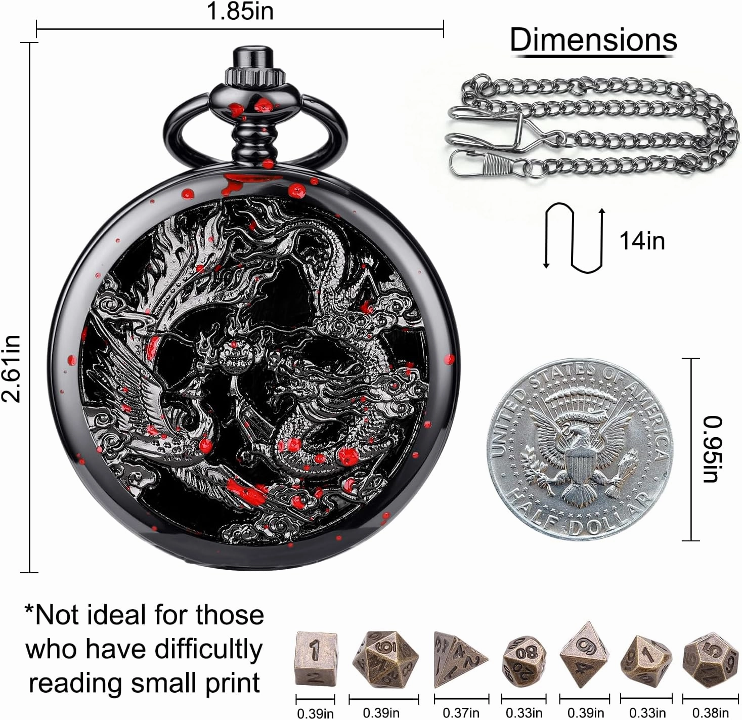 ManChDa Mini D&D Dice Set DND Pocket Watch Shell Case 7PCS Micro Polyhedral Dice Set Metal Dice Dungeons and Dragons Gift Accessories