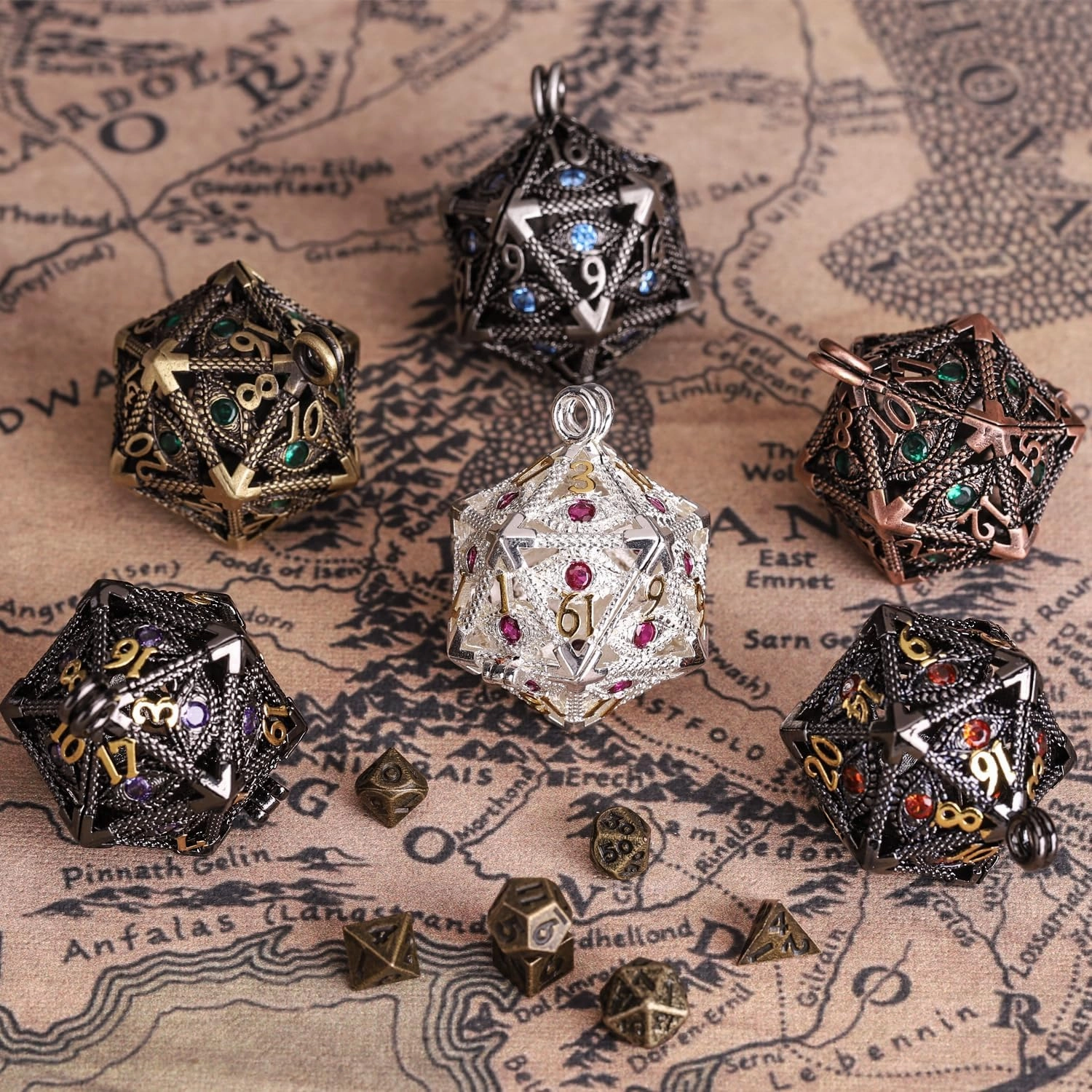 ManChDa Mini Metal DND Dice Set Hollow D20 Necklace Dice DND Case Metal Dice Set DND Keychain 7PCS Dice Set Black Purple