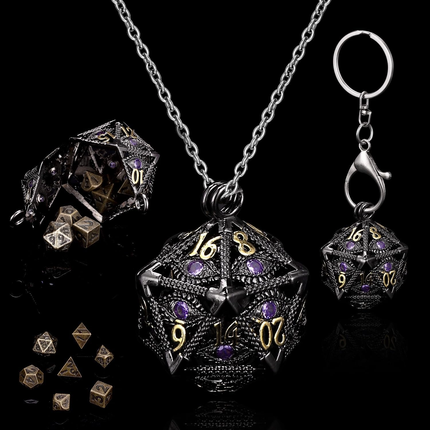 ManChDa Mini Metal DND Dice Set Hollow D20 Necklace Dice DND Case Metal Dice Set DND Keychain 7PCS Dice Set Black Purple
