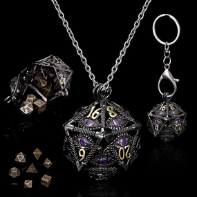 ManChDa Mini Metal DND Dice Set Hollow D20 Necklace Dice DND Case Metal Dice Set DND Keychain 7PCS Dice Set Black Purple