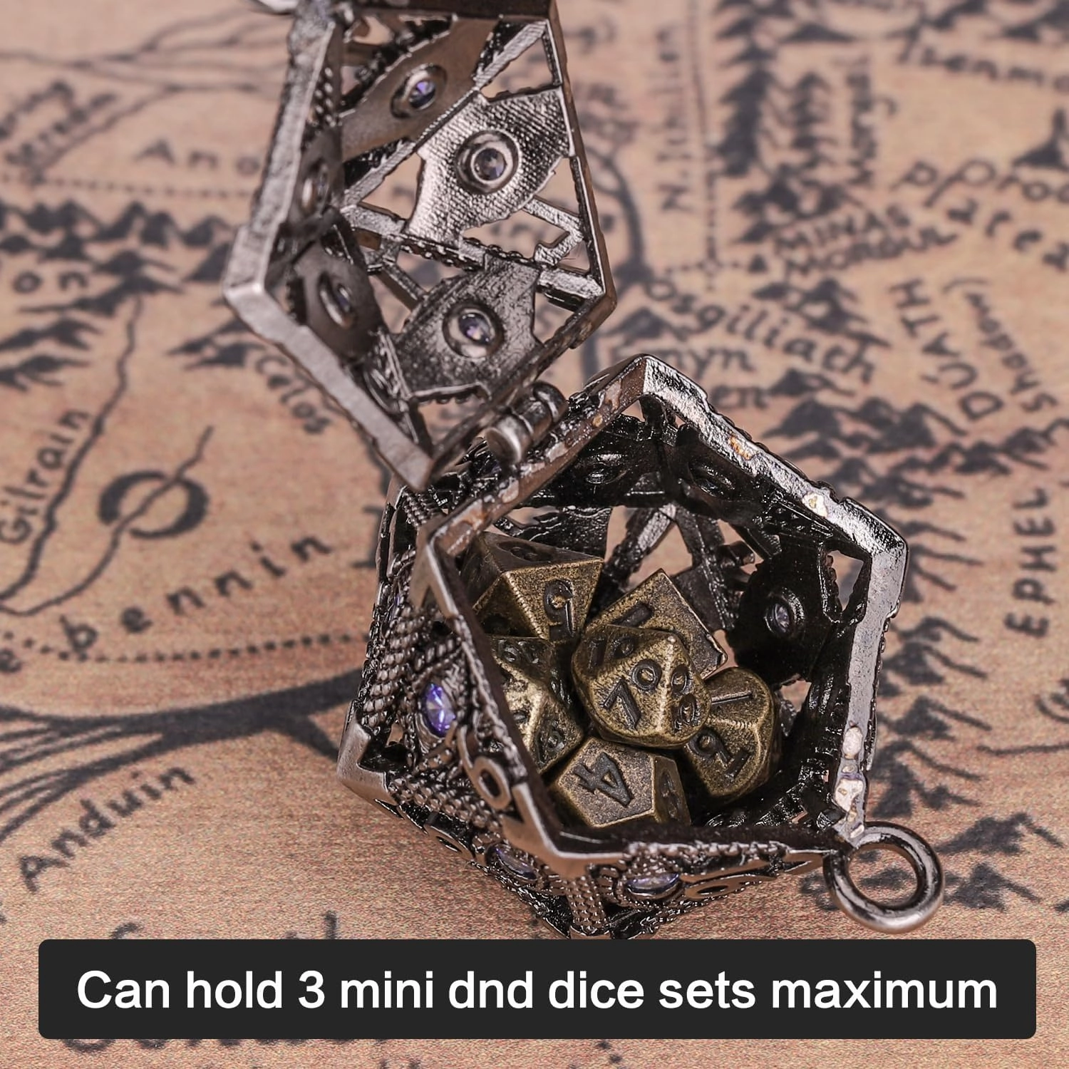 ManChDa Mini Metal DND Dice Set Hollow D20 Necklace Dice DND Case Metal Dice Set DND Keychain 7PCS Dice Set Black Purple