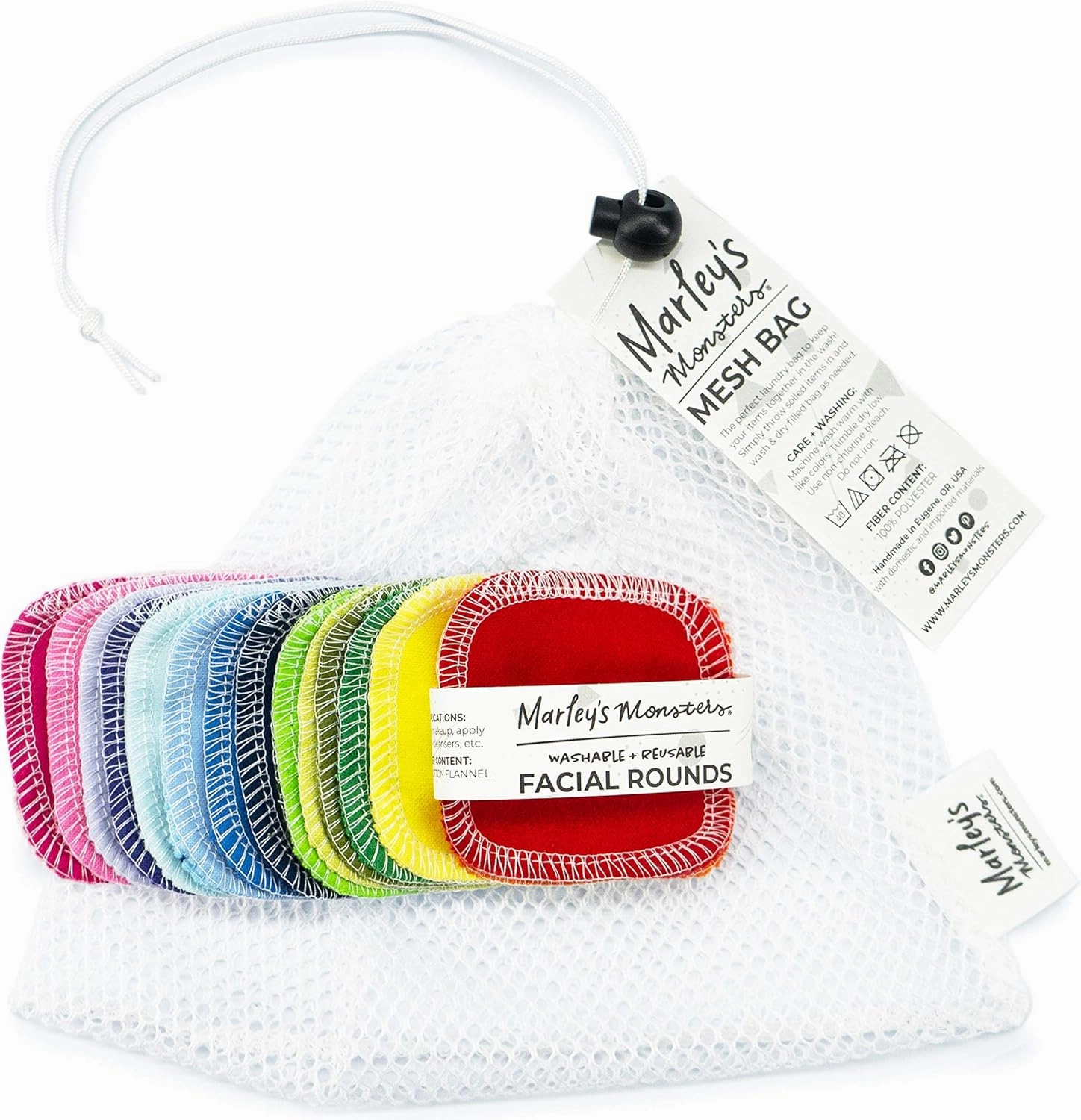 Marley's Monsters Facial Rounds 20 Count Pack   Laundry Bag - Soft and Reusable Cotton Rounds (Rainbow)