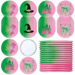 Marsui 24 Pcs Green and Pink Party Favors Witch Gifts for Girl Women Bulk Witch Mini Compact Mirror Princess Bow Hat Pattern 2.76 Inch Portable Pocket Makeup Mirror for Bridal Travel