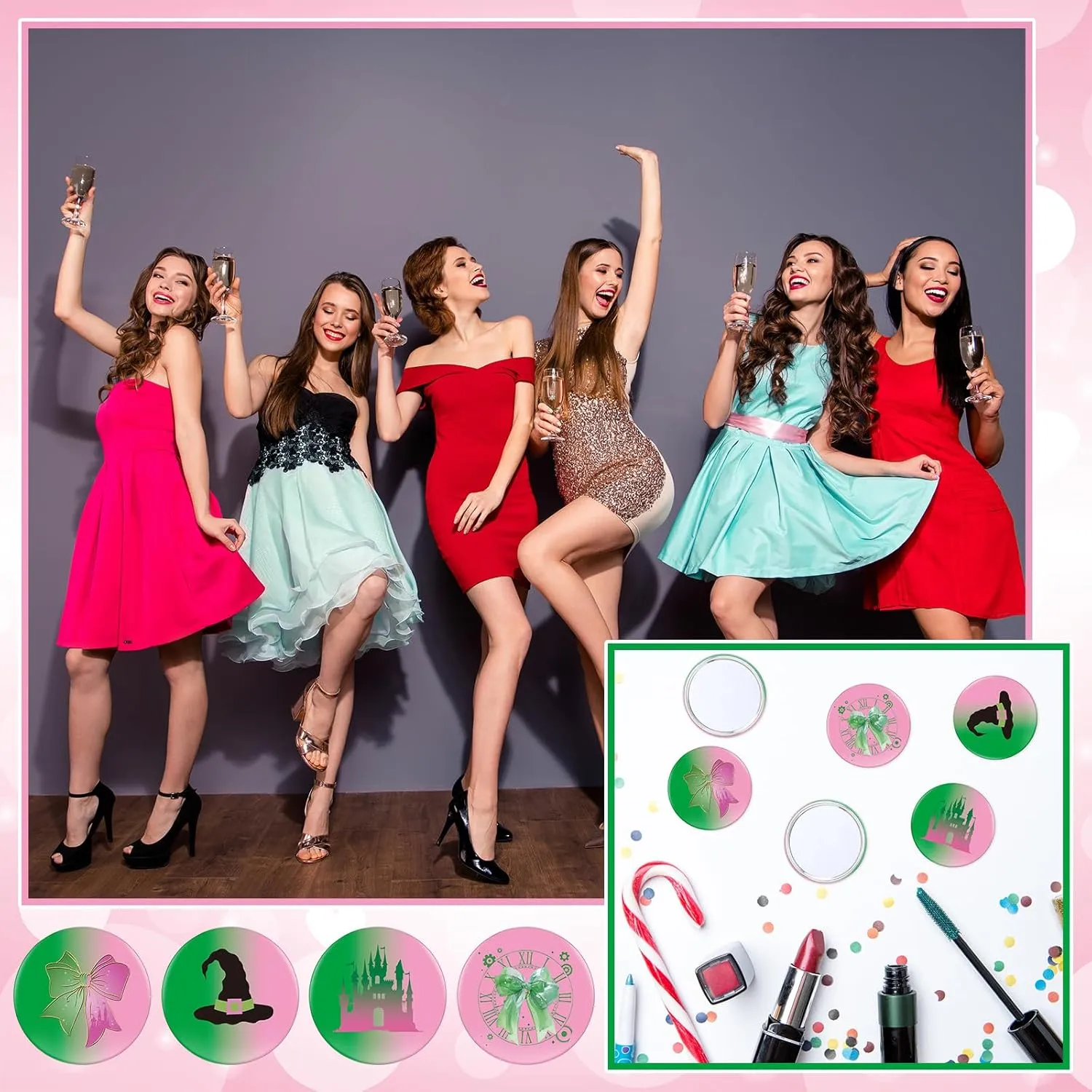 Marsui 24 Pcs Green and Pink Party Favors Witch Gifts for Girl Women Bulk Witch Mini Compact Mirror Princess Bow Hat Pattern 2.76 Inch Portable Pocket Makeup Mirror for Bridal Travel