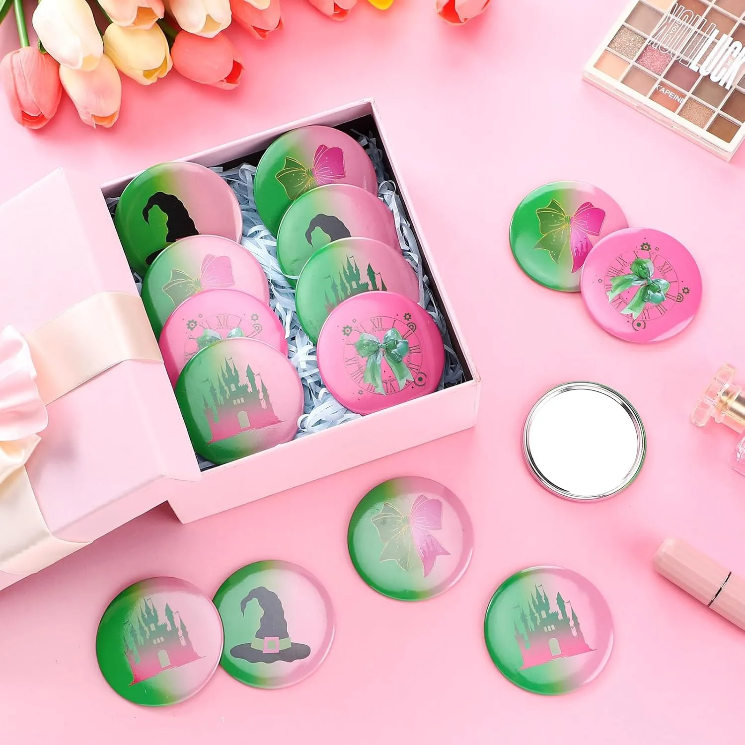 Marsui 24 Pcs Green and Pink Party Favors Witch Gifts for Girl Women Bulk Witch Mini Compact Mirror Princess Bow Hat Pattern 2.76 Inch Portable Pocket Makeup Mirror for Bridal Travel