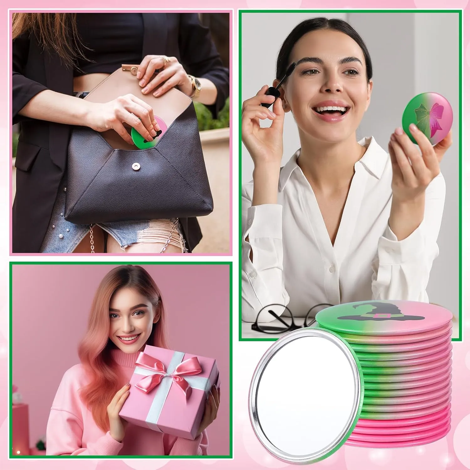 Marsui 24 Pcs Green and Pink Party Favors Witch Gifts for Girl Women Bulk Witch Mini Compact Mirror Princess Bow Hat Pattern 2.76 Inch Portable Pocket Makeup Mirror for Bridal Travel