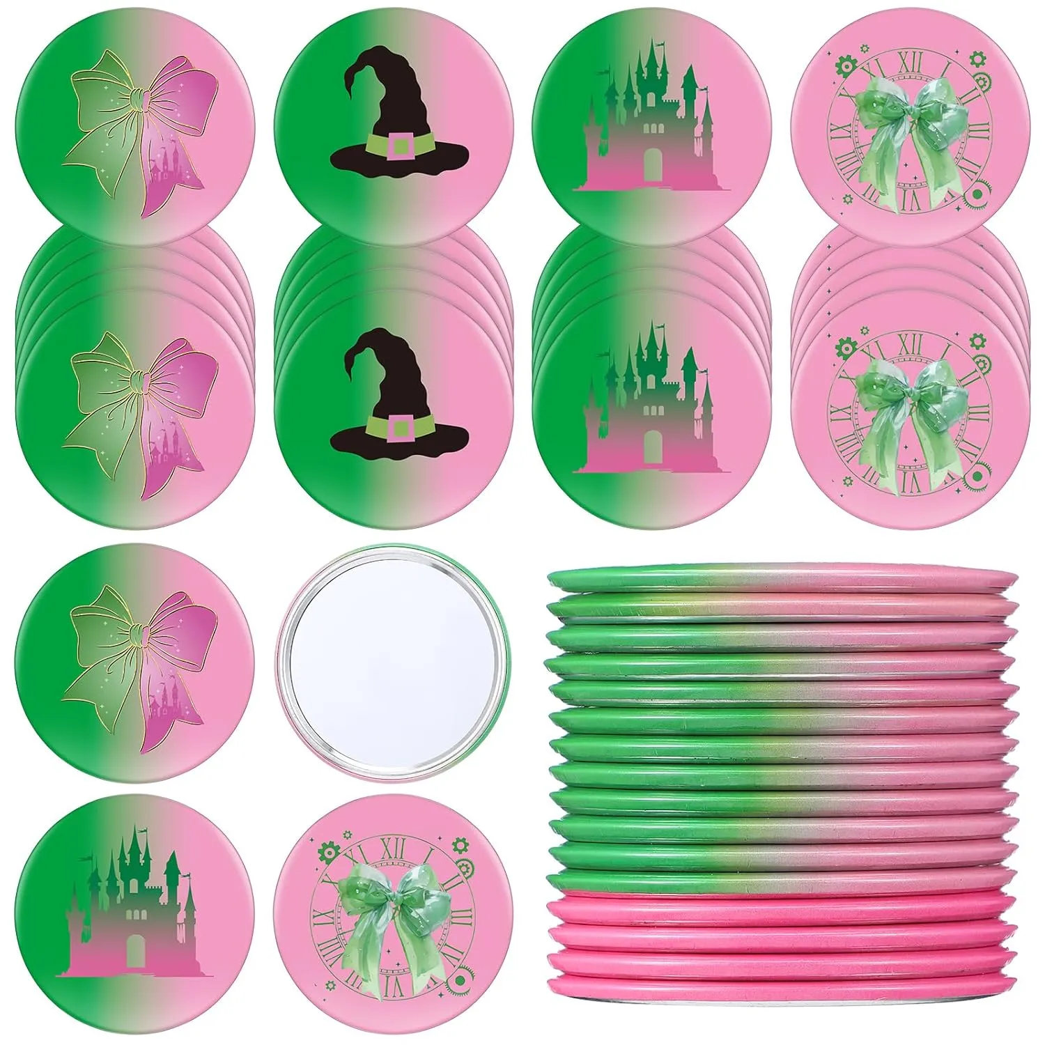 Marsui 24 Pcs Green and Pink Party Favors Witch Gifts for Girl Women Bulk Witch Mini Compact Mirror Princess Bow Hat Pattern 2.76 Inch Portable Pocket Makeup Mirror for Bridal Travel