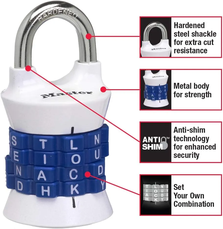 Master Lock Word Combination Lock, Set Your Own Word Lock for Gym and School Lockers, Colors May Vary, 1535DWD
