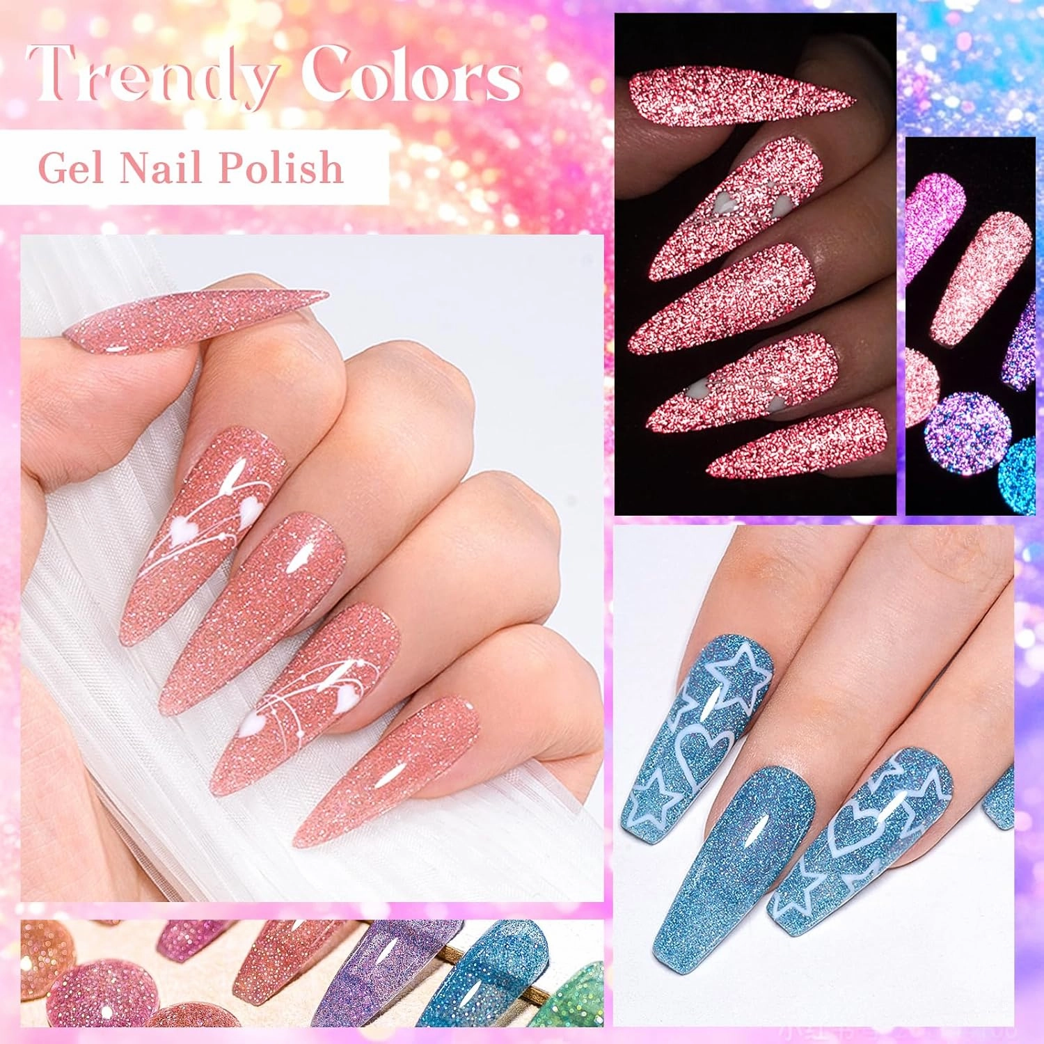 MEET ACROSS 12PCS Reflective Glitter Gel Nail Polish, Holographic Gel Polish Kit, Soak Off UV Nail Gel, Sparkly Glitter Nail Manicure Kit Gift for Beginners DIY (SET-2, 12PCS)
