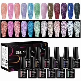 MEET ACROSS 12PCS Reflective Glitter Gel Nail Polish, Holographic Gel Polish Kit, Soak Off UV Nail Gel, Sparkly Glitter Nail Manicure Kit Gift for Beginners DIY (SET-2, 12PCS)