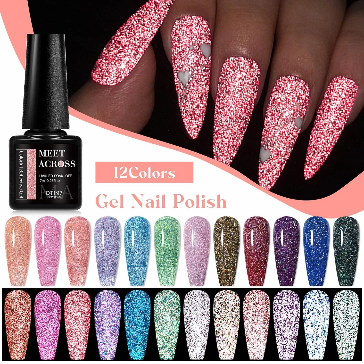 MEET ACROSS 12PCS Reflective Glitter Gel Nail Polish, Holographic Gel Polish Kit, Soak Off UV Nail Gel, Sparkly Glitter Nail Manicure Kit Gift for Beginners DIY (SET-2, 12PCS)