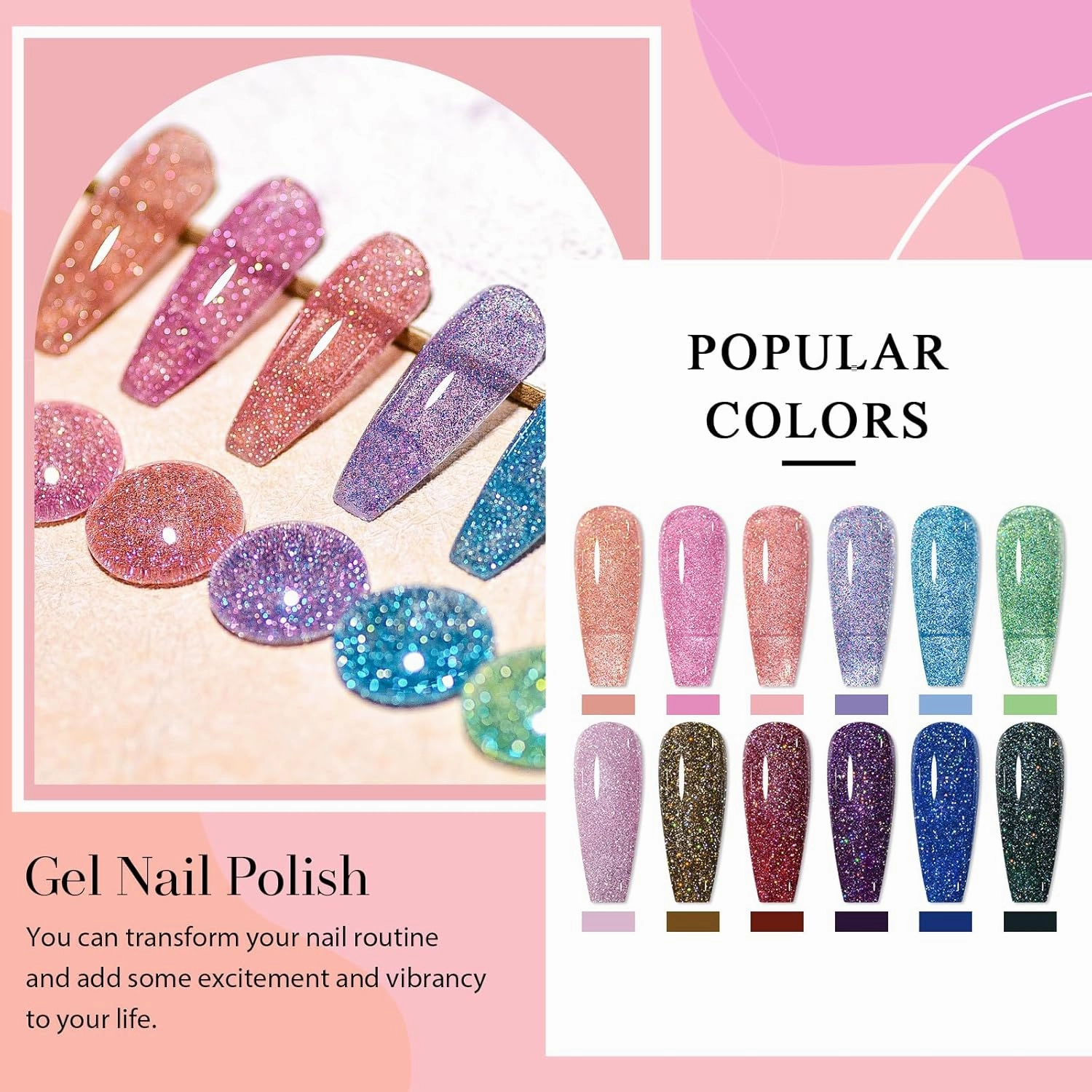 MEET ACROSS 12PCS Reflective Glitter Gel Nail Polish, Holographic Gel Polish Kit, Soak Off UV Nail Gel, Sparkly Glitter Nail Manicure Kit Gift for Beginners DIY (SET-2, 12PCS)