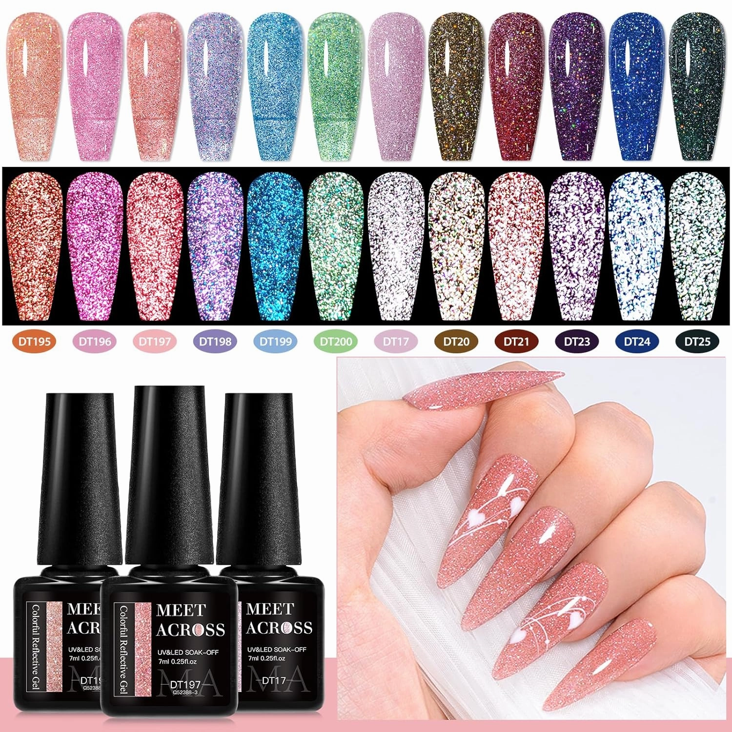 MEET ACROSS 12PCS Reflective Glitter Gel Nail Polish, Holographic Gel Polish Kit, Soak Off UV Nail Gel, Sparkly Glitter Nail Manicure Kit Gift for Beginners DIY (SET-2, 12PCS)