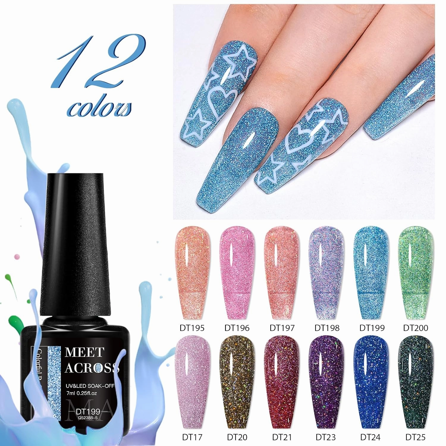 MEET ACROSS 12PCS Reflective Glitter Gel Nail Polish, Holographic Gel Polish Kit, Soak Off UV Nail Gel, Sparkly Glitter Nail Manicure Kit Gift for Beginners DIY (SET-2, 12PCS)