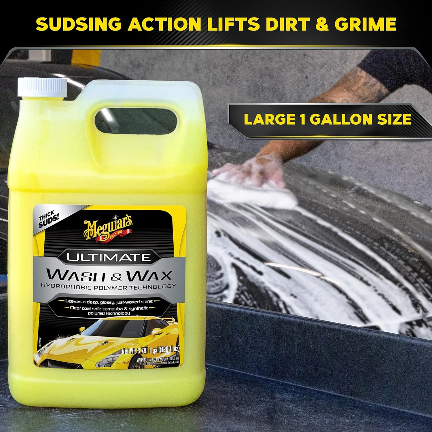 Meguiar's Ultimate Wash and Wax, Car Wash and Wax Cleans and Shines in One Step, Wash, Shine, and Protect with an Enhanced pH Neutral Car Paint Cleaner, 1 Gallon