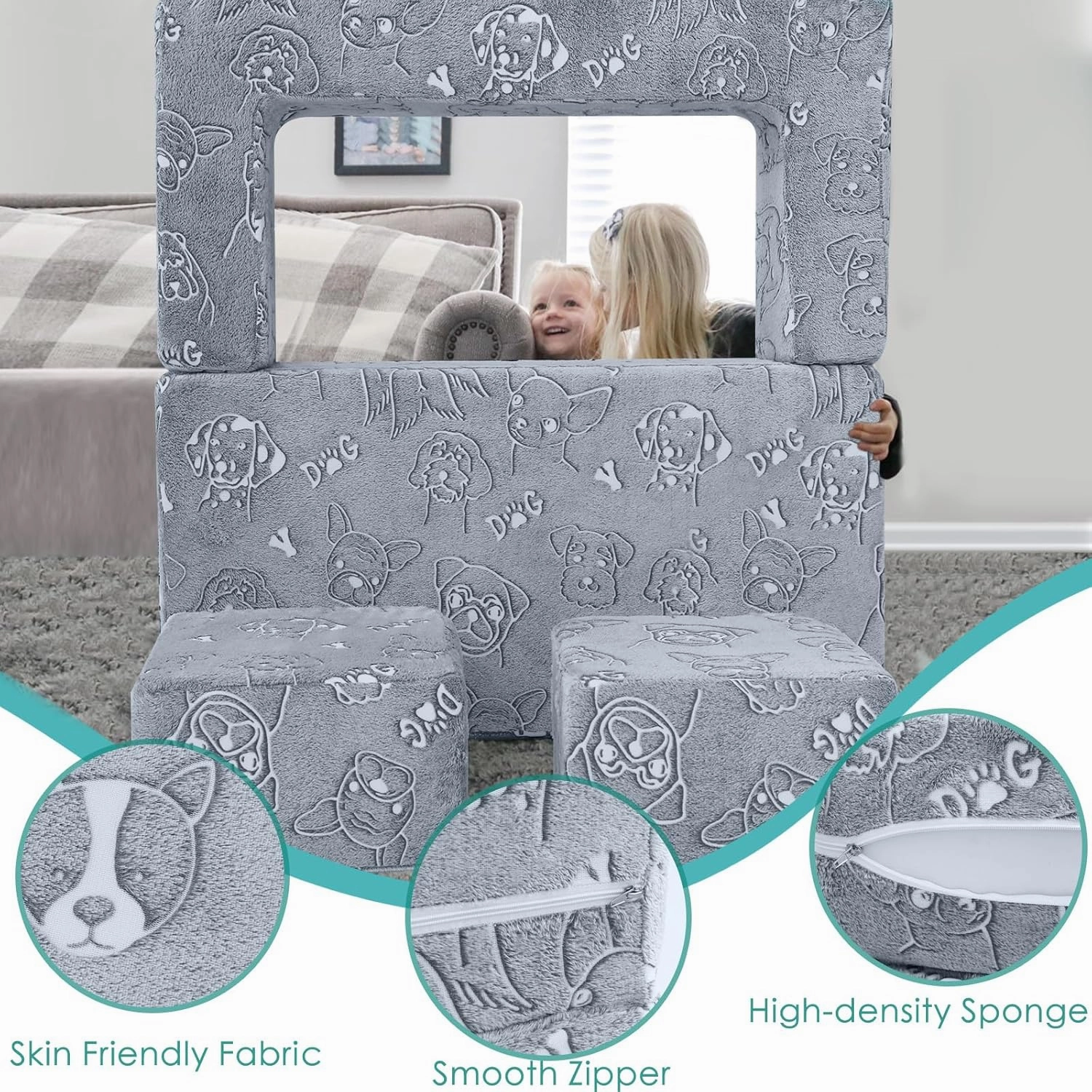 MeMoreCool Kids Sofa Couch, Glow in Dark Toddler Chair Fold Out, Modular Play Couch for Playroom, Child Foam Blocks Convertible Baby Furniture (Glowing Dogs)