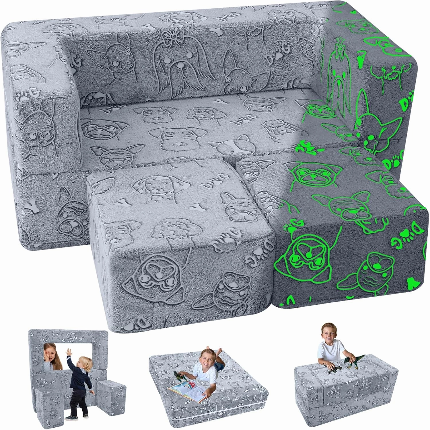 MeMoreCool Kids Sofa Couch, Glow in Dark Toddler Chair Fold Out, Modular Play Couch for Playroom, Child Foam Blocks Convertible Baby Furniture (Glowing Dogs)