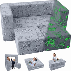 MeMoreCool Kids Sofa Couch, Glow in Dark Toddler Chair Fold Out, Modular Play Couch for Playroom, Child Foam Blocks Convertible Baby Furniture (Glowing Dogs)