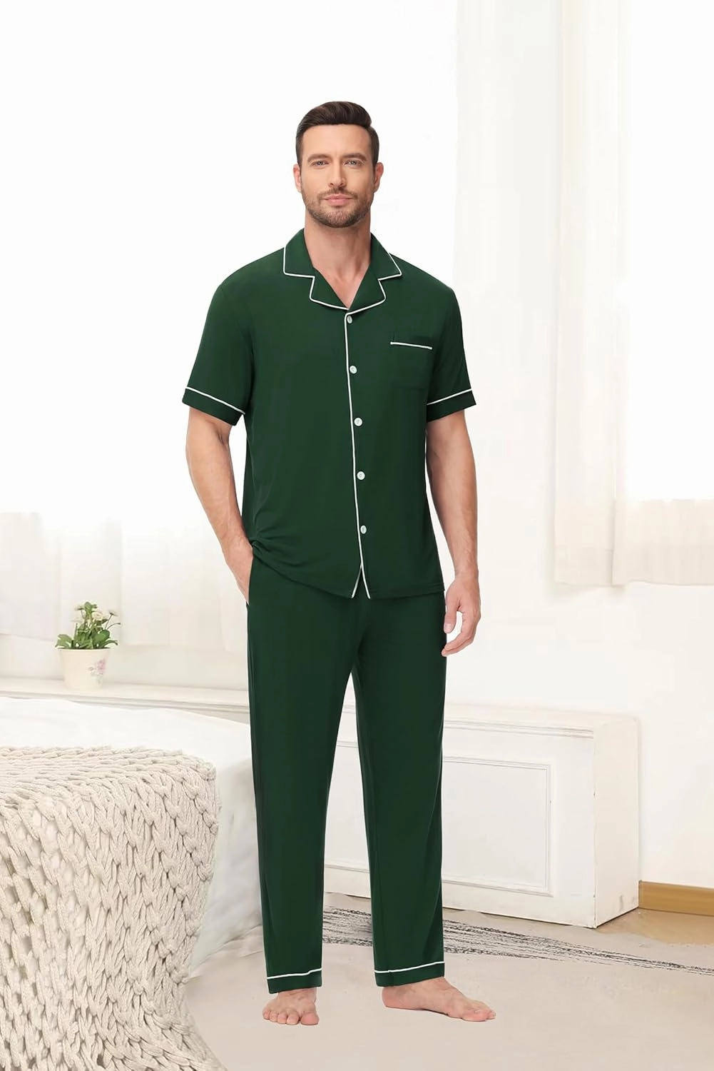 Men Pajamas Set Two Pieces Short Sleeve Sleepwear Button Down Loungewear Set Soft Modal Pj Set with Pockets