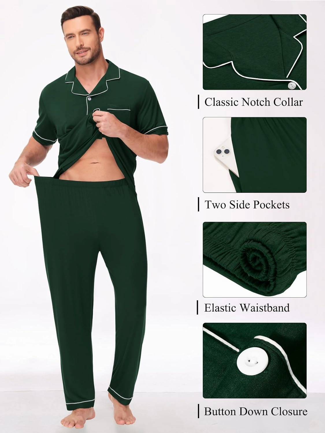 Men Pajamas Set Two Pieces Short Sleeve Sleepwear Button Down Loungewear Set Soft Modal Pj Set with Pockets