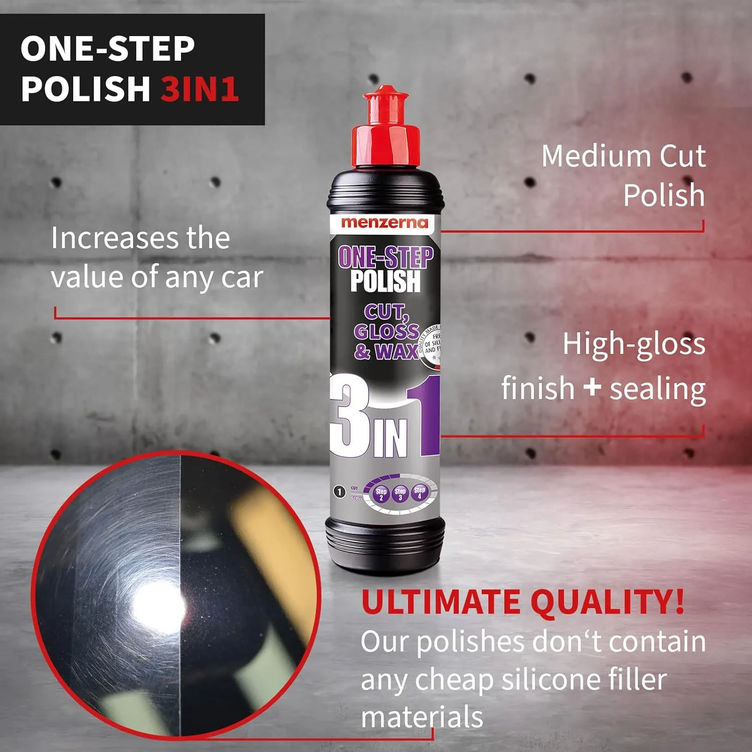 menzerna One-Step Polish 3in1 I Medium Cut Polish with High Gloss Finish & Seal in One I Buffing & Polishing Compound for Car Maintenance I Swirls, Holograms & Scratches I Car Body Repair I 8 fl oz.