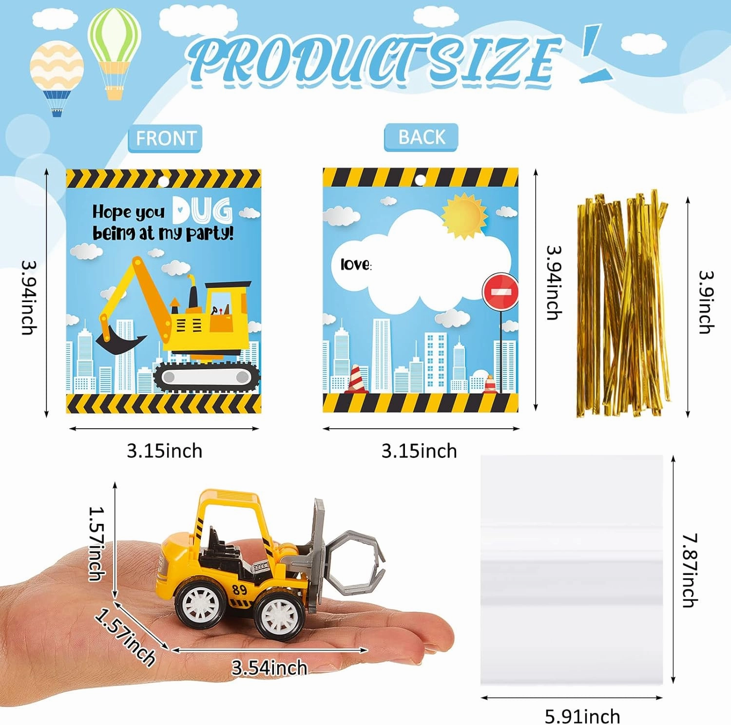 Meooeck 24 Set Small Construction Cars Vehicles with Gifts Cards Set, Mini Construction Vehicles with Valentine's Greeting Cards for Classroom Prizes Classroom Exchange Gift(Cloud Style)