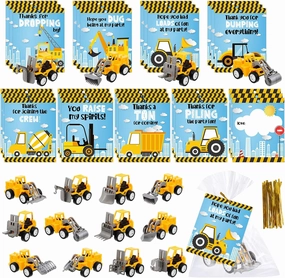 Meooeck 24 Set Small Construction Cars Vehicles with Gifts Cards Set, Mini Construction Vehicles with Valentine's Greeting Cards for Classroom Prizes Classroom Exchange Gift(Cloud Style)