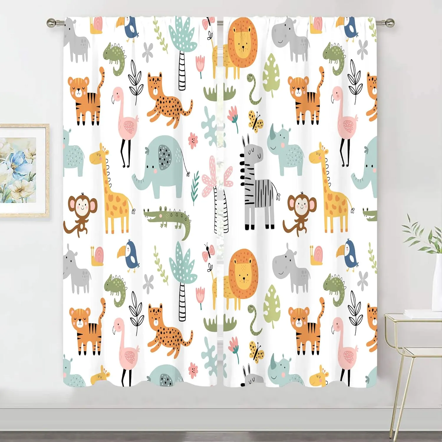 MESHELLY Kids Safari Animal Curtains 42Wx63H Inch Rod Pocket Nursery Baby Boy Bedroom Decor Cartoon Lion Jungle Woodland Wildlife Toddler Girl Children Living Room Window Drapes Fabric