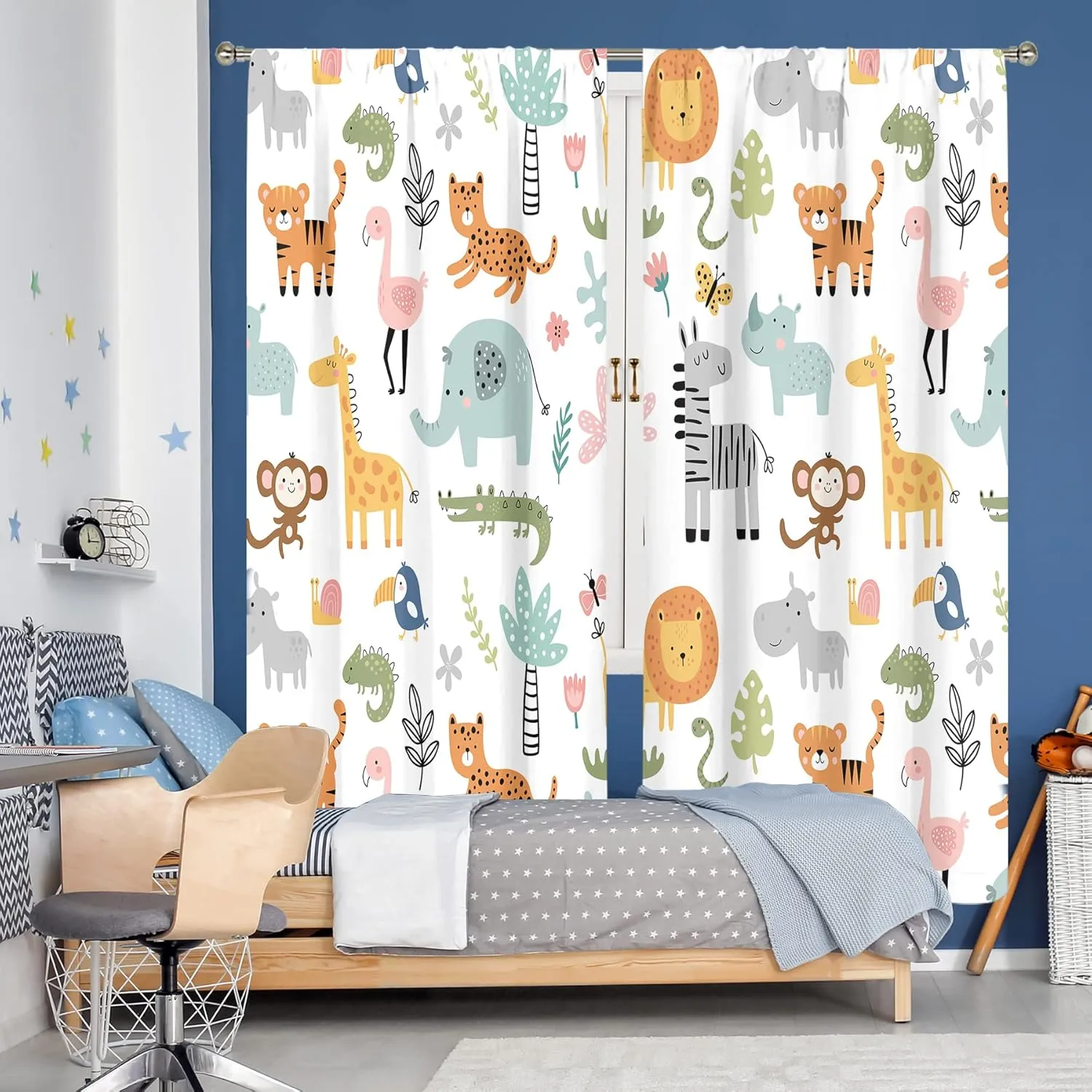 MESHELLY Kids Safari Animal Curtains 42Wx63H Inch Rod Pocket Nursery Baby Boy Bedroom Decor Cartoon Lion Jungle Woodland Wildlife Toddler Girl Children Living Room Window Drapes Fabric