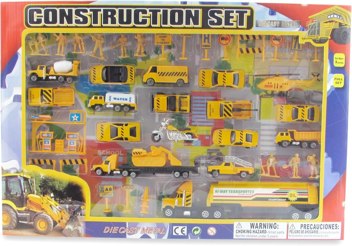 METRO Complete Construction Crew 43 Piece Mini Toy Diecast Vehicle Play Set, Comes with Street Play Mat, Variety of Vehicles and Figures
