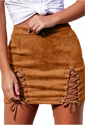 Meyeeka Womens Sexy High Waist Lace Up Bodycon Faux Suede Split Tight Mini Skirt